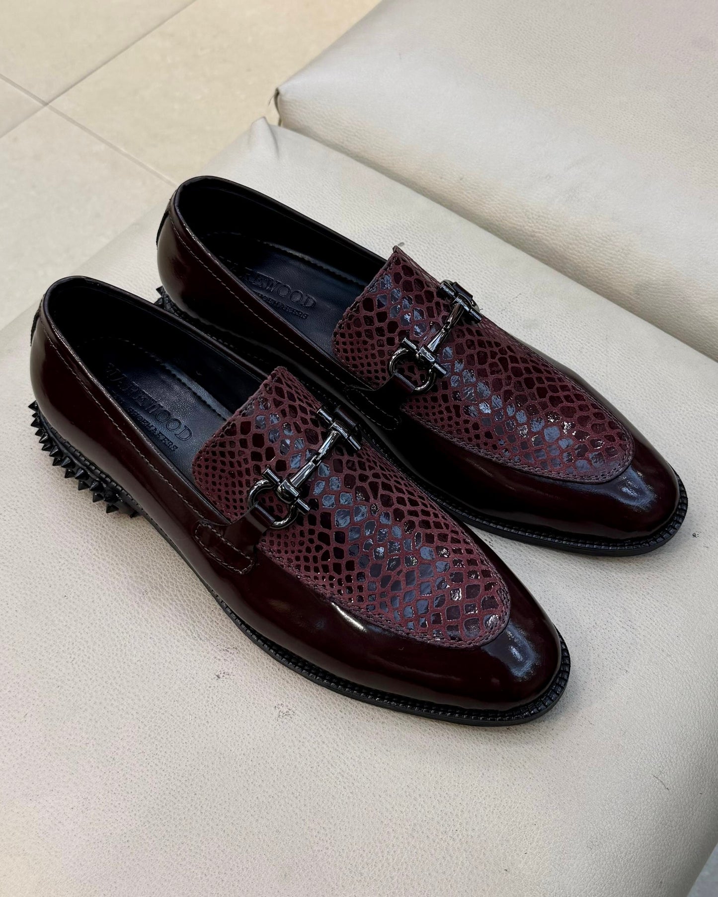 Exotic Burgundy Spectator Horsebit Loafers with Studded Heel