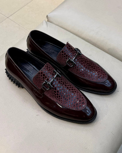 Exotic Burgundy Spectator Horsebit Loafers with Studded Heel