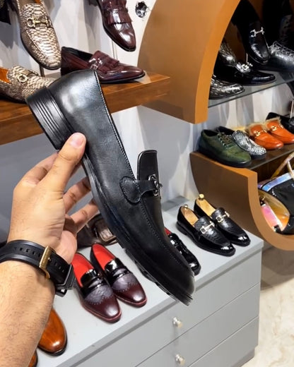 Classic Black Loafers with Silver Buckle and Rubber Sole