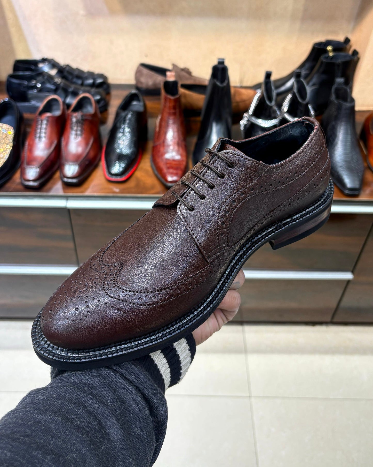 Brown Longwing Derby Shoes with Brown Wood-Finish Heel and Dainite Sole