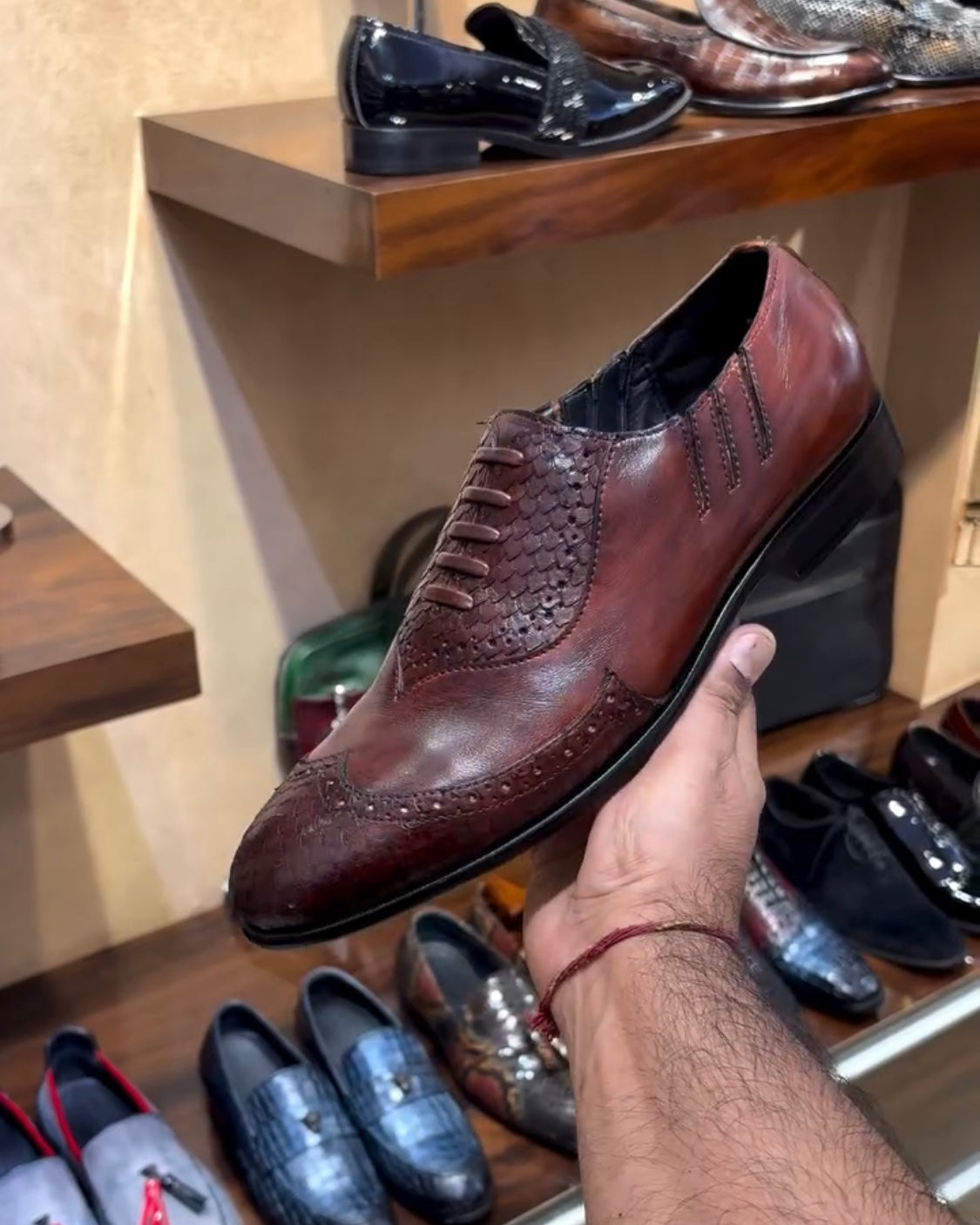 Cognac Patina Cobra Scaled Wing-tip Oxfords