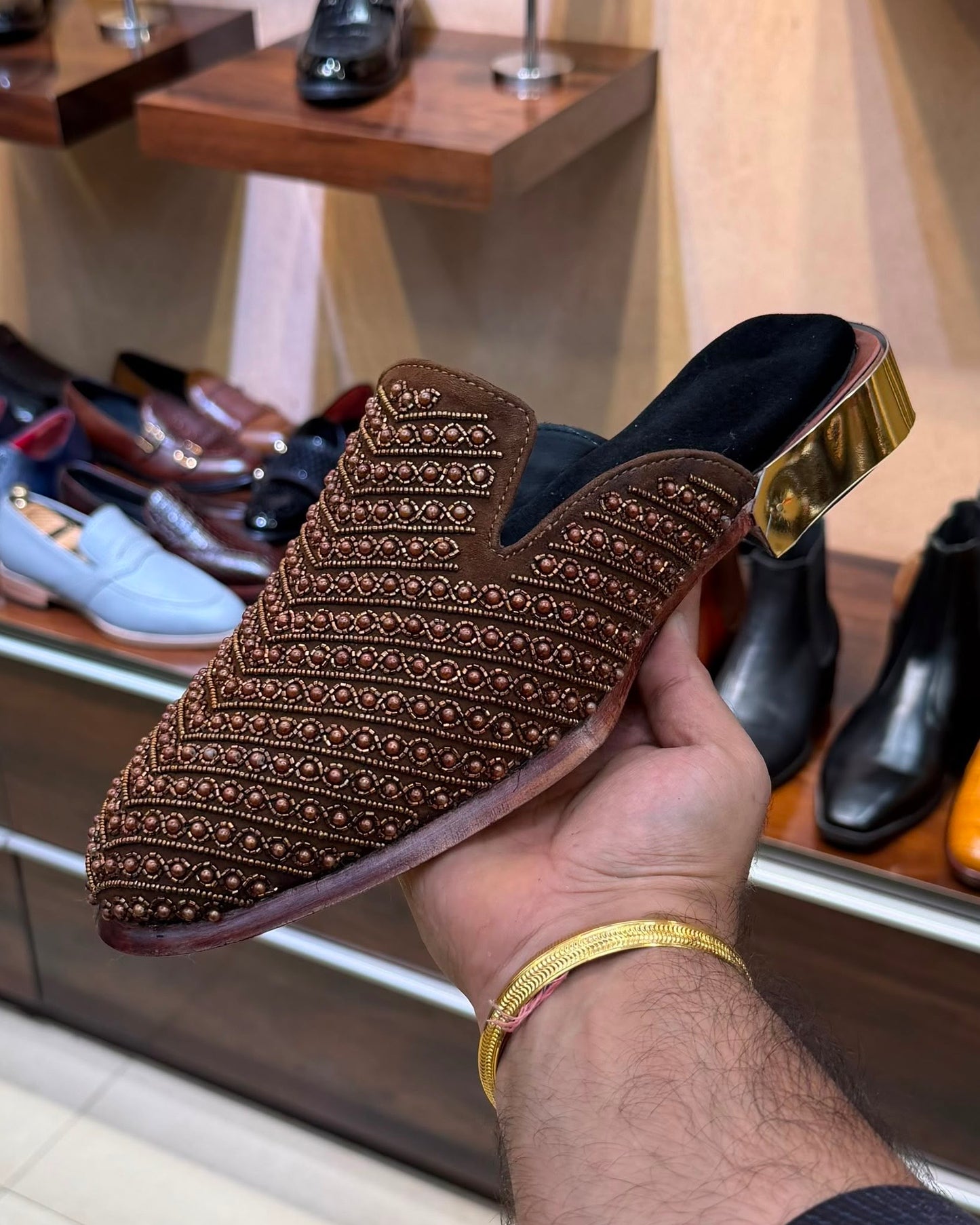 Brown Suede Hand-embroidered Mules With Gold Heel
