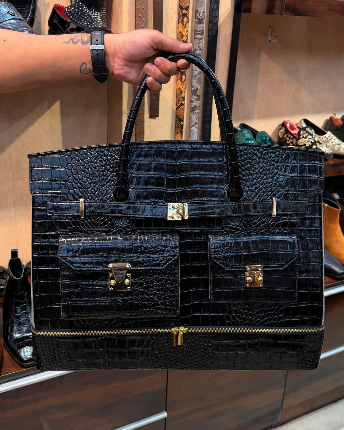 Exotic Black Crocodile Scaled Travel Bag With Bottom Shoe Compartment