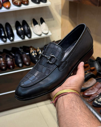 All Black Crocodile Scaled Gunmetal Horsebit Loafers