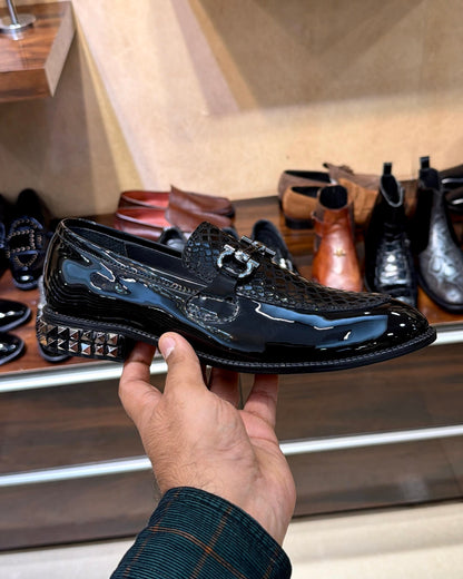 Signature Patent-snake Foil Studded Heel Red Bottom Moccasins