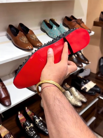 Black Studded Moccasins with Orange Interior and Red Bottoms