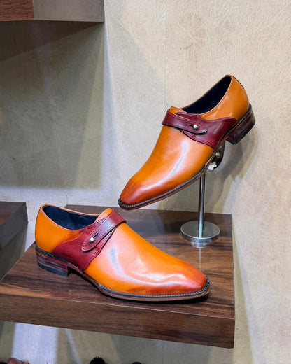 Custom Tan & Burgundy Single Monk Strap Shoes