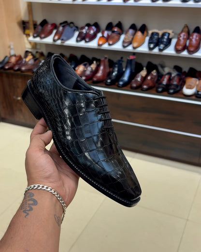 Black Crocodile Scaled Whole-cut Oxfords