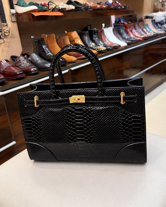 Black Patent Cobra Scaled Top Handle Handbag