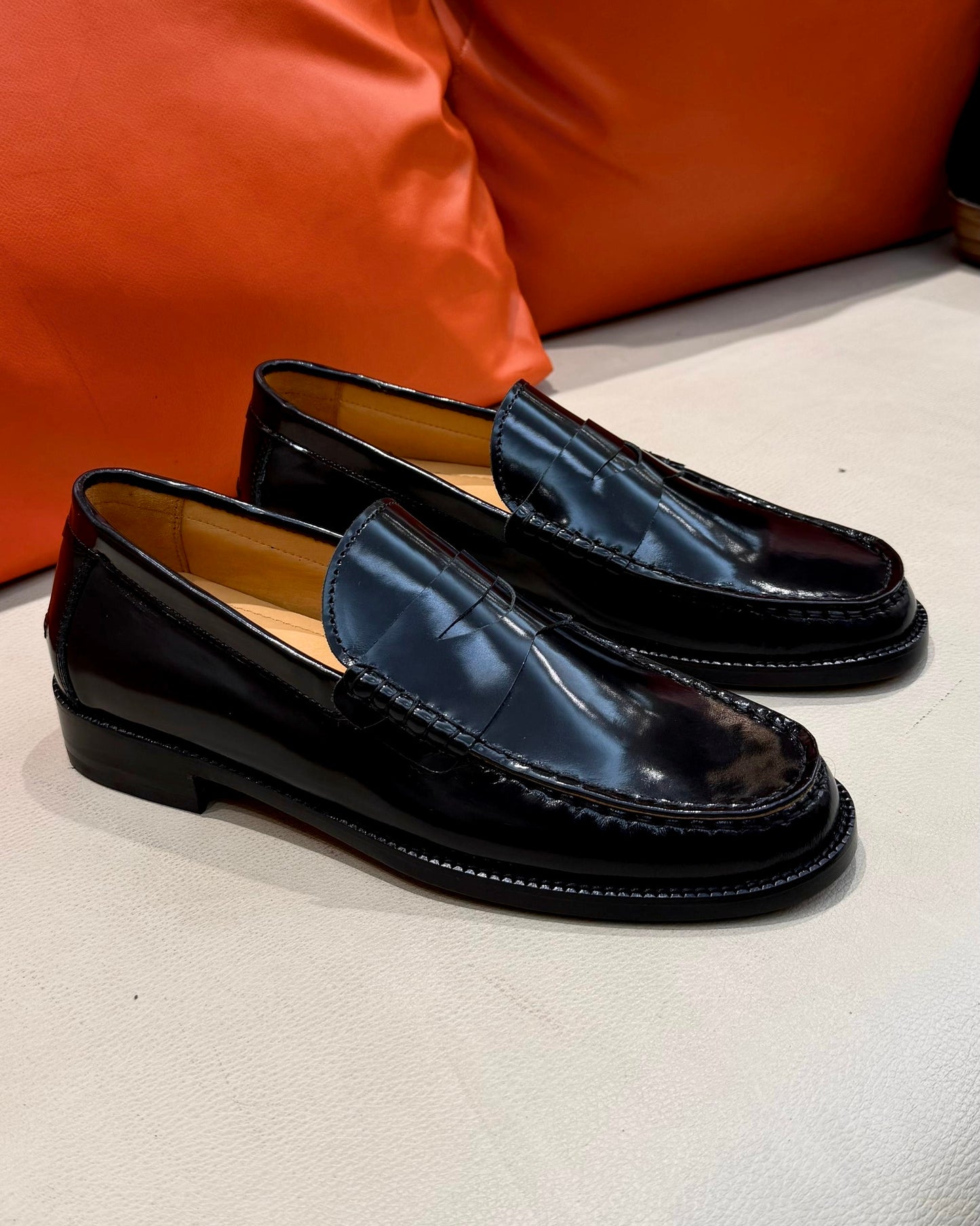 Black Smooth Calf Leather Penny Moccasins with Beige Lining