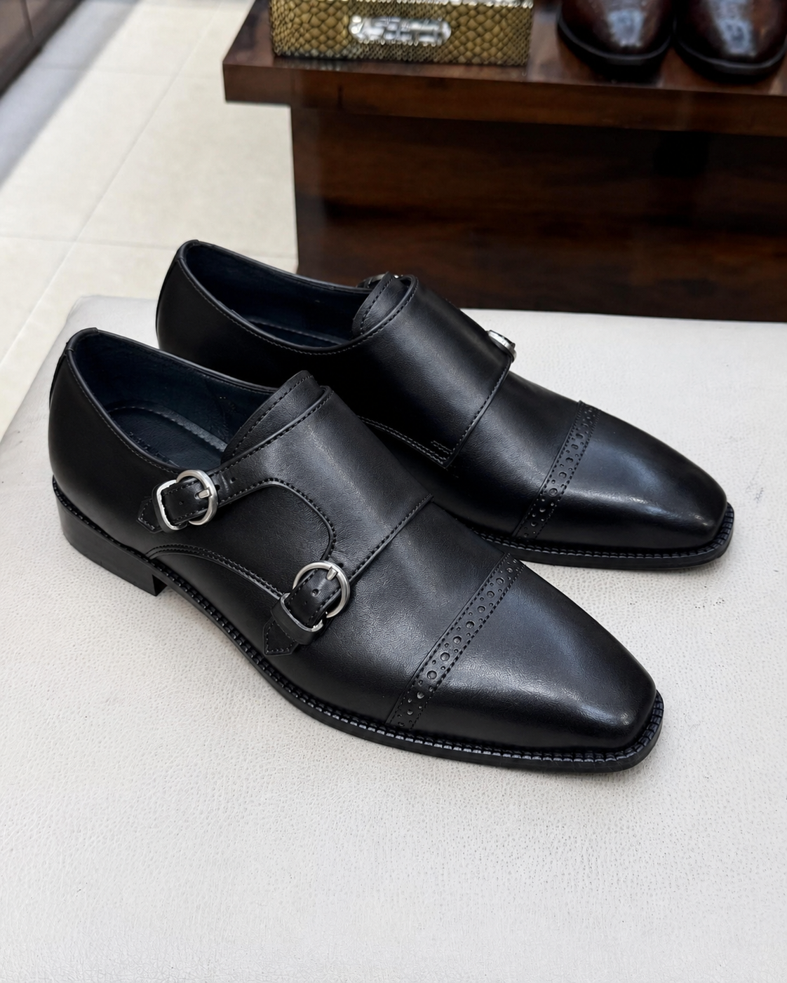 Black Double Monk Strap Shoes In Calfskin Leather