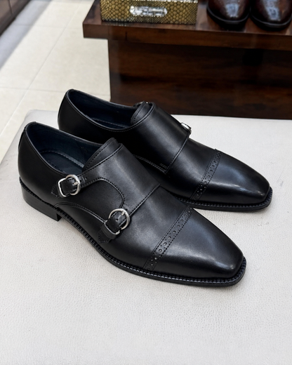 Black Double Monk Strap Shoes In Calfskin Leather