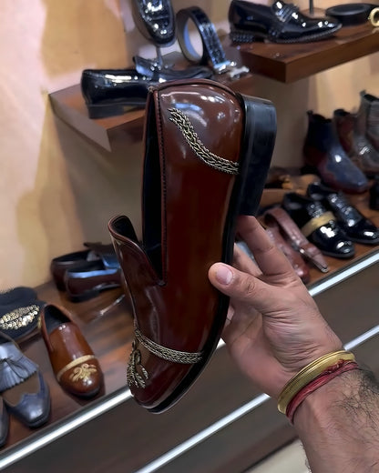Brown Patina Hand-embroidery Slip-ons