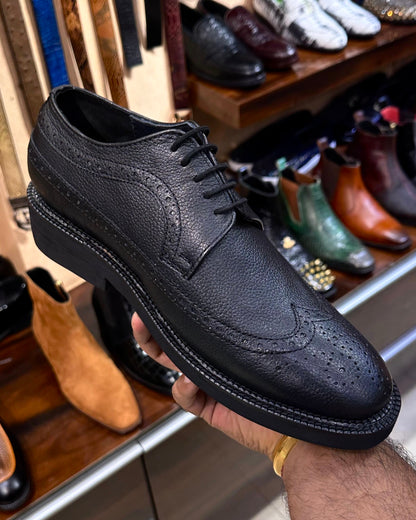 Classic Black Pebble Grain Leather Longwing Brogues