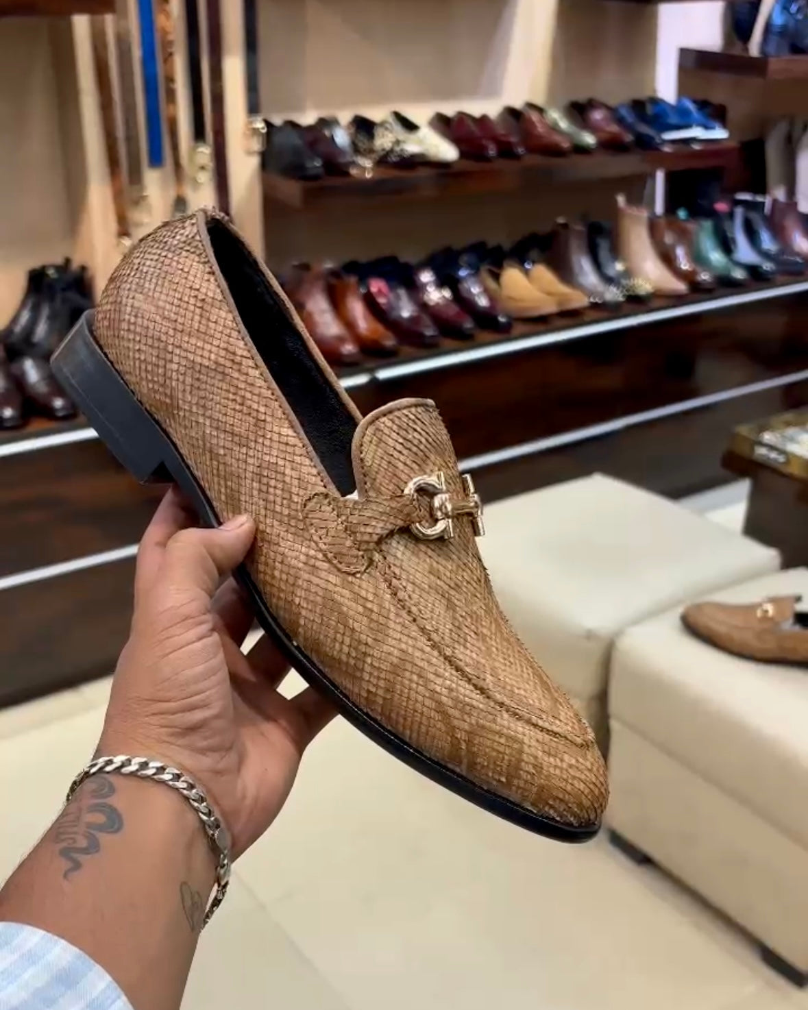 Exotic Beige Snake Pattern Horsebit Loafers