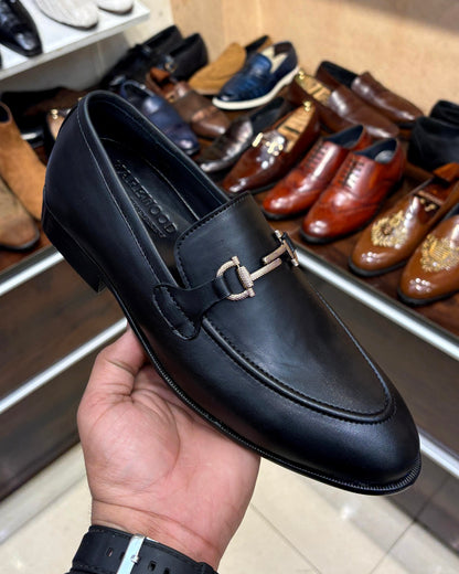 Black Gold Textured Horsebit Loafers in Calfskin Leather