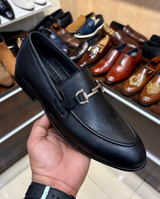 Black Gold Textured Horsebit Loafers in Calfskin Leather