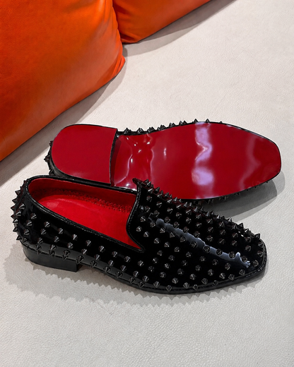Black Patent Leather Studded Loafers with Red Lining & Red Bottoms