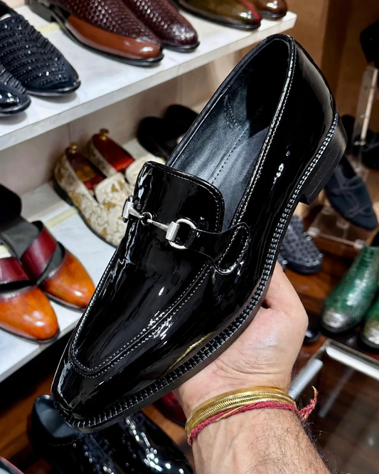 Black Patent Leather Silver Horsebit Loafers With Square Toe