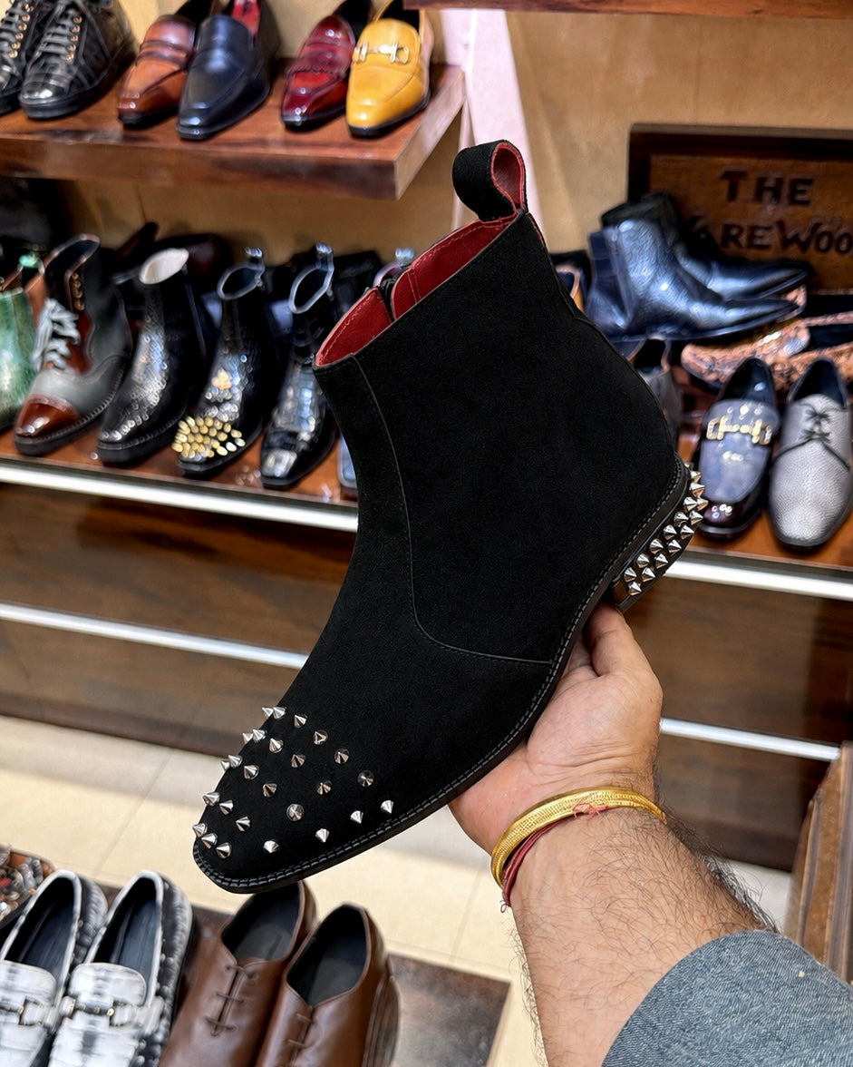 Black Suede Studded Toe & Heel Boots With Red Bottoms
