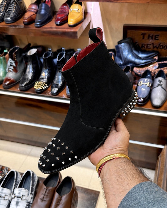 Black Suede Studded Toe & Heel Boots With Red Bottoms