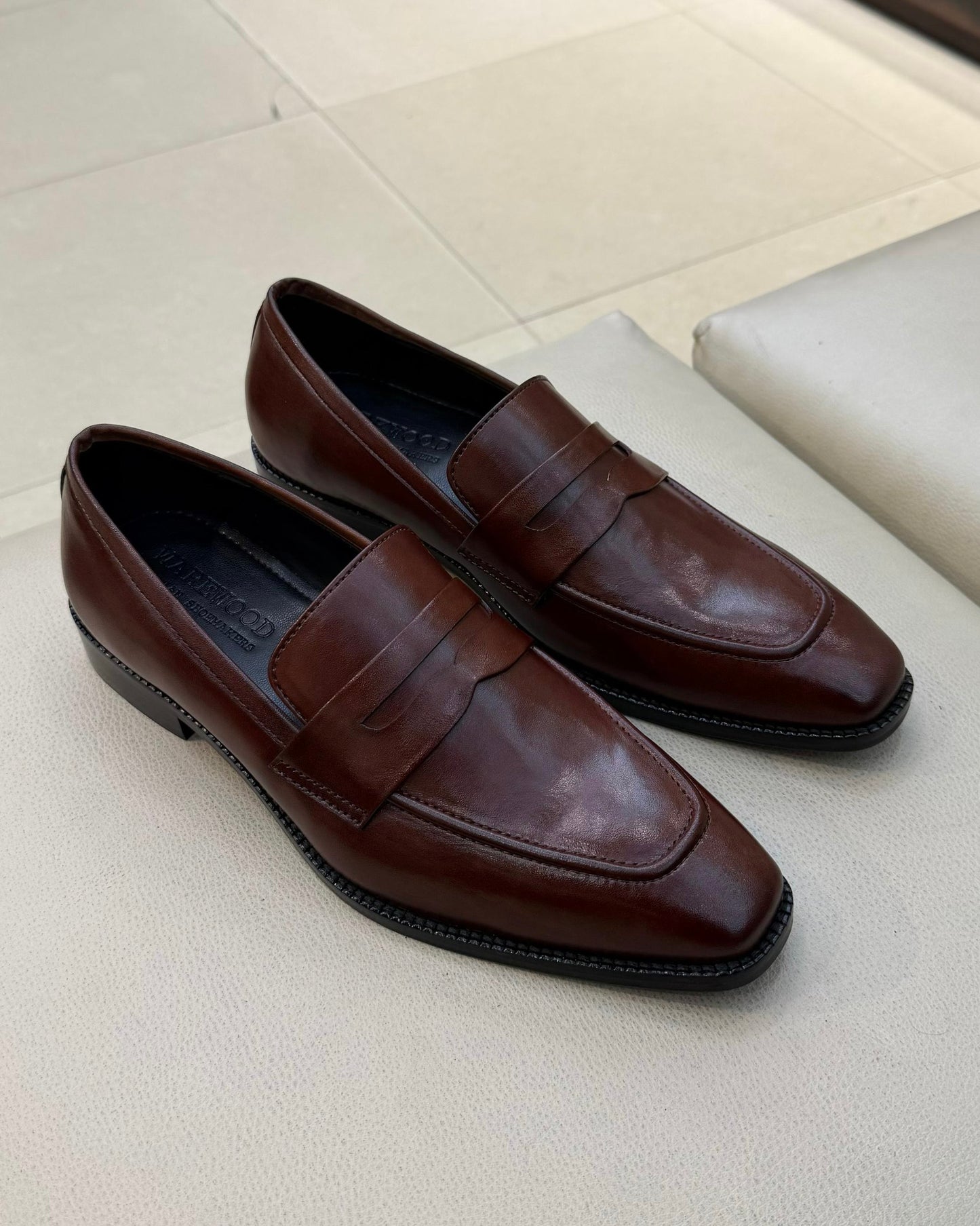 Cognac Brown Square Toe Penny Loafers
