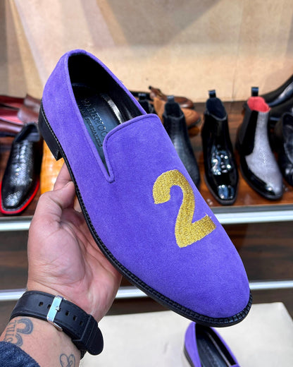 Gold “2X” Hand-embroidered Purple Suede Loafers