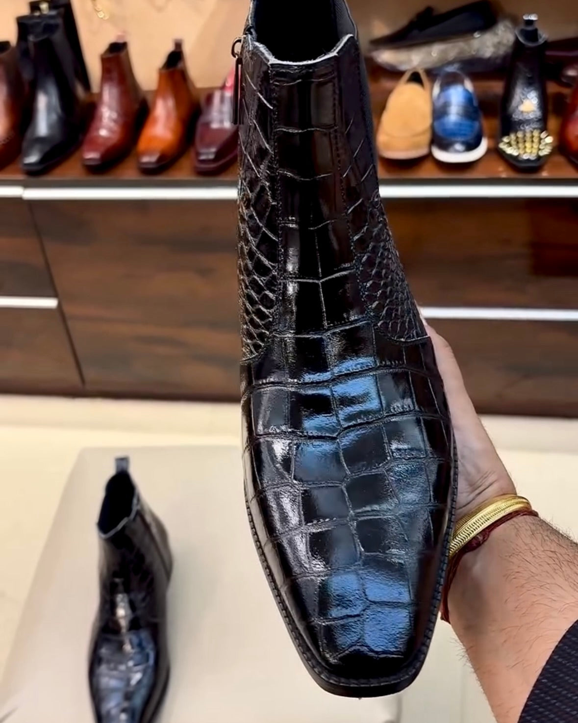 Jet Black Italian Crocodile Scaled Leather Boots with Side Zip