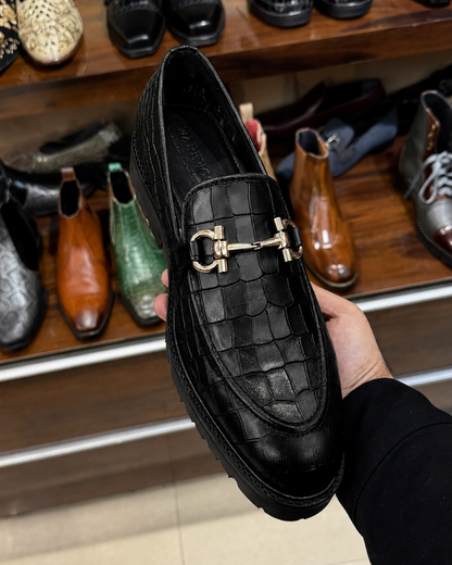 Black Deep-cut Crocodile Horsebit Loafers With Lug Sole