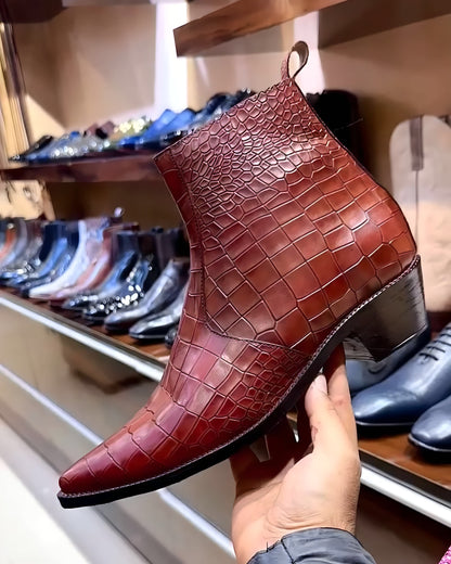 Italian Croc Cowboy Boots with Cuban Heel in Tan Shade