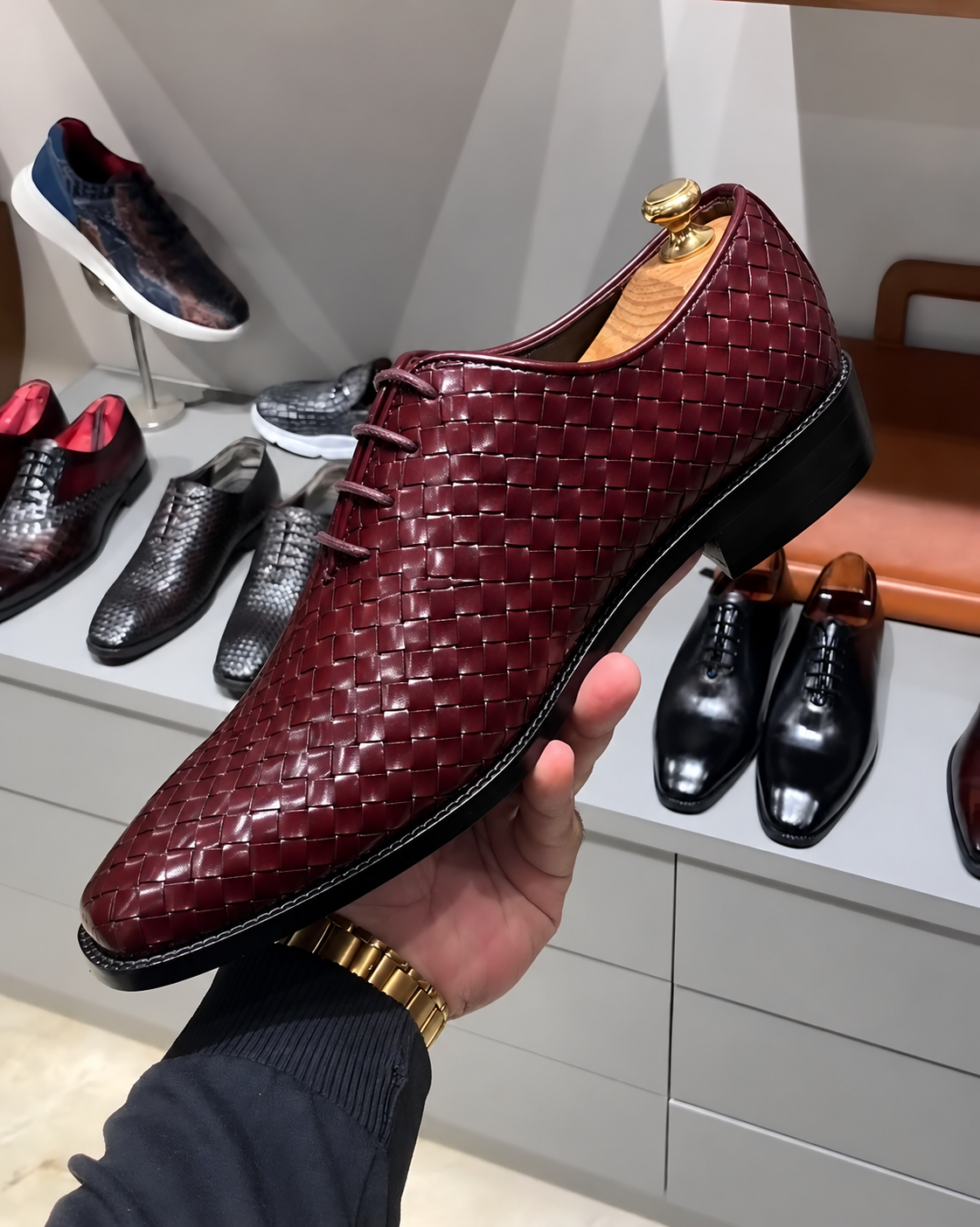 Burgundy Hand-Woven Leather Wholecut Oxfords