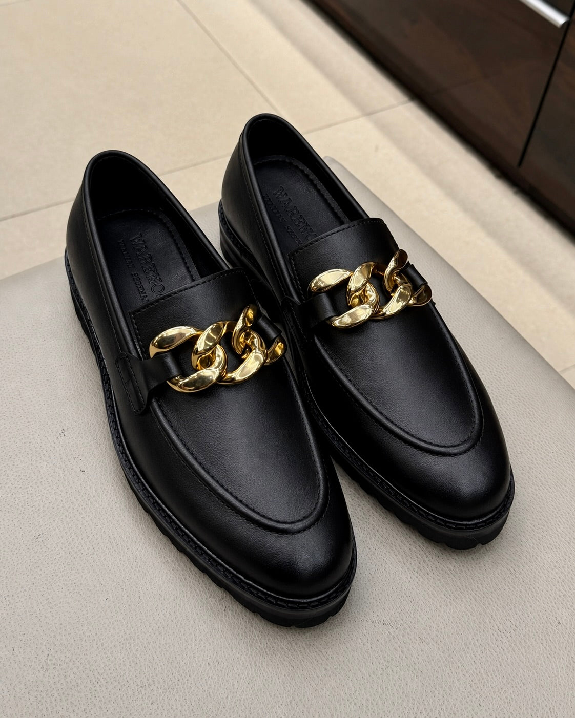 Black Chunky Loafers With Chain