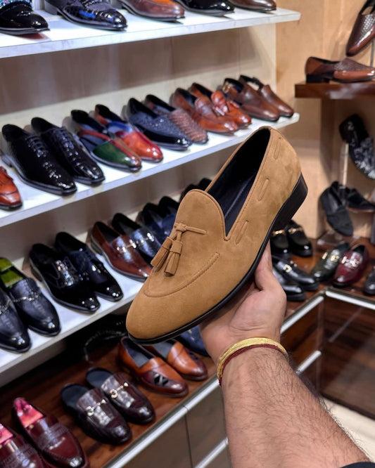 Classic Beige Suede Tassel Loafers