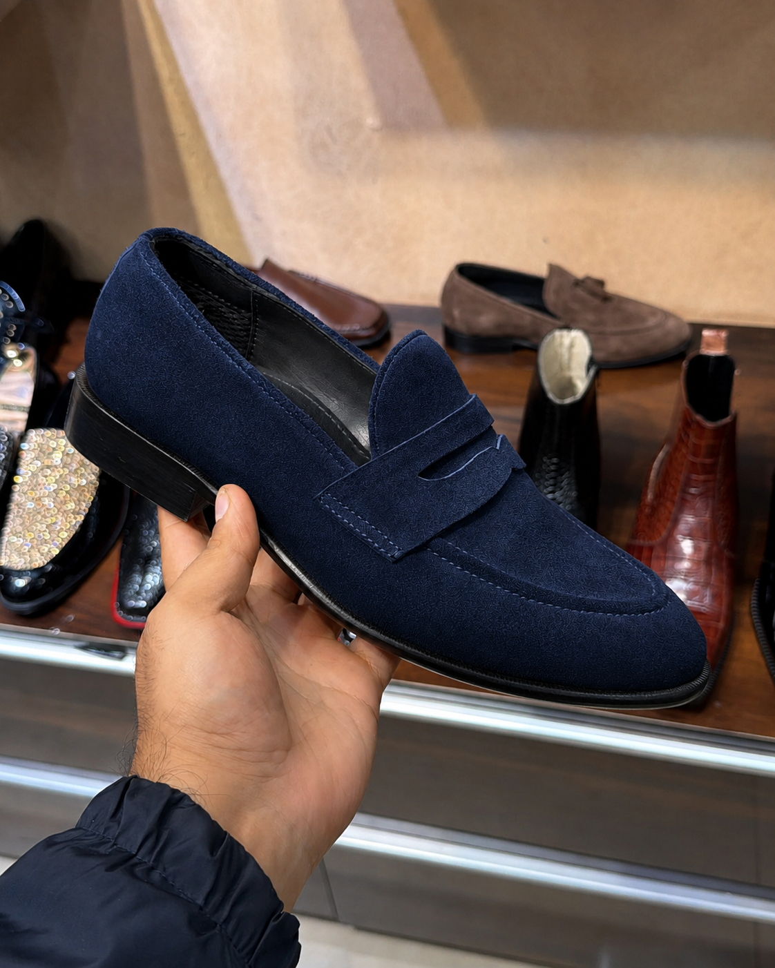 Classic Navy Blue Suede Penny Loafers