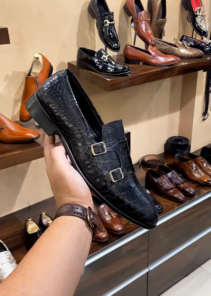 Black Crocodile Scaled Double Monk Loafers