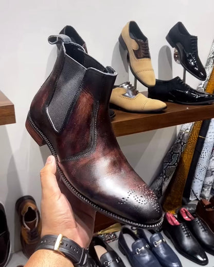 Burnished Brown Patina Italian Crust Leather Chelsea Boots