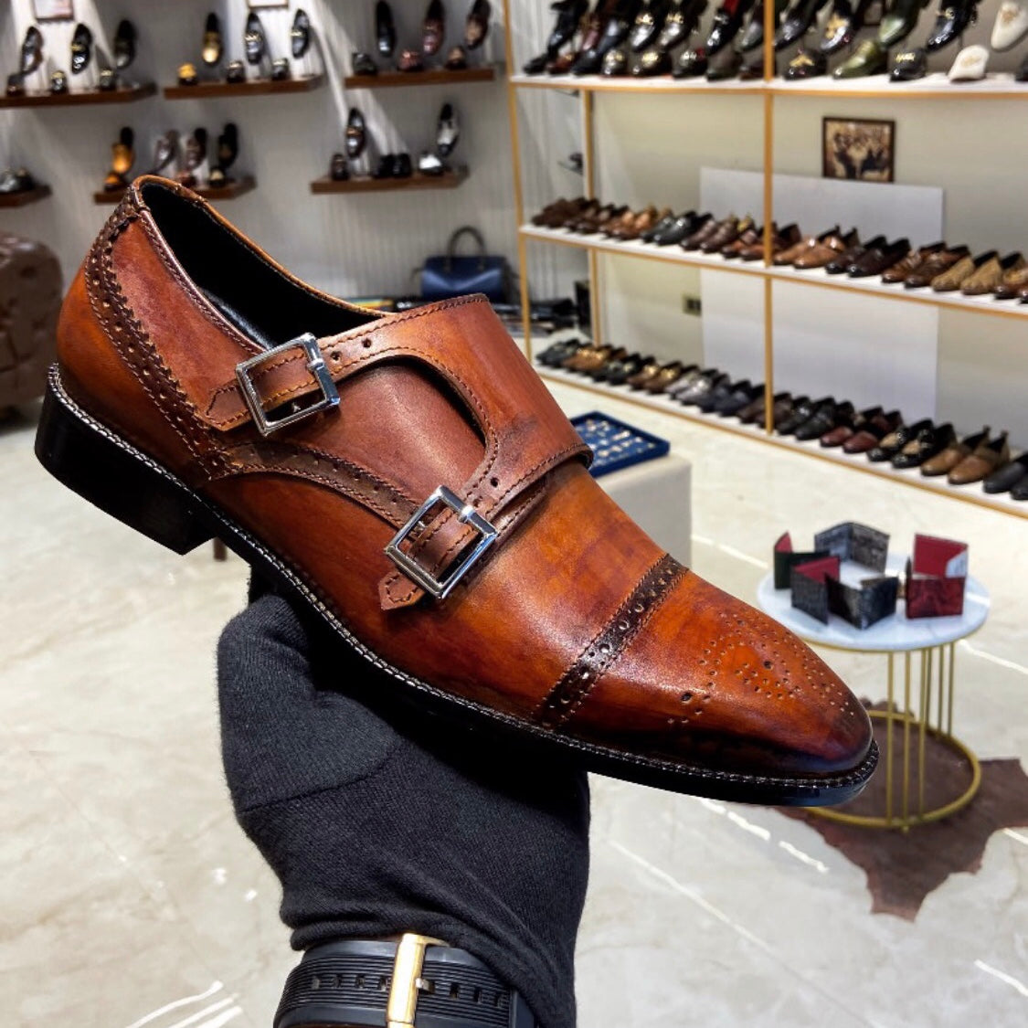Classic Tan Patina Semi-brogue Double Monks