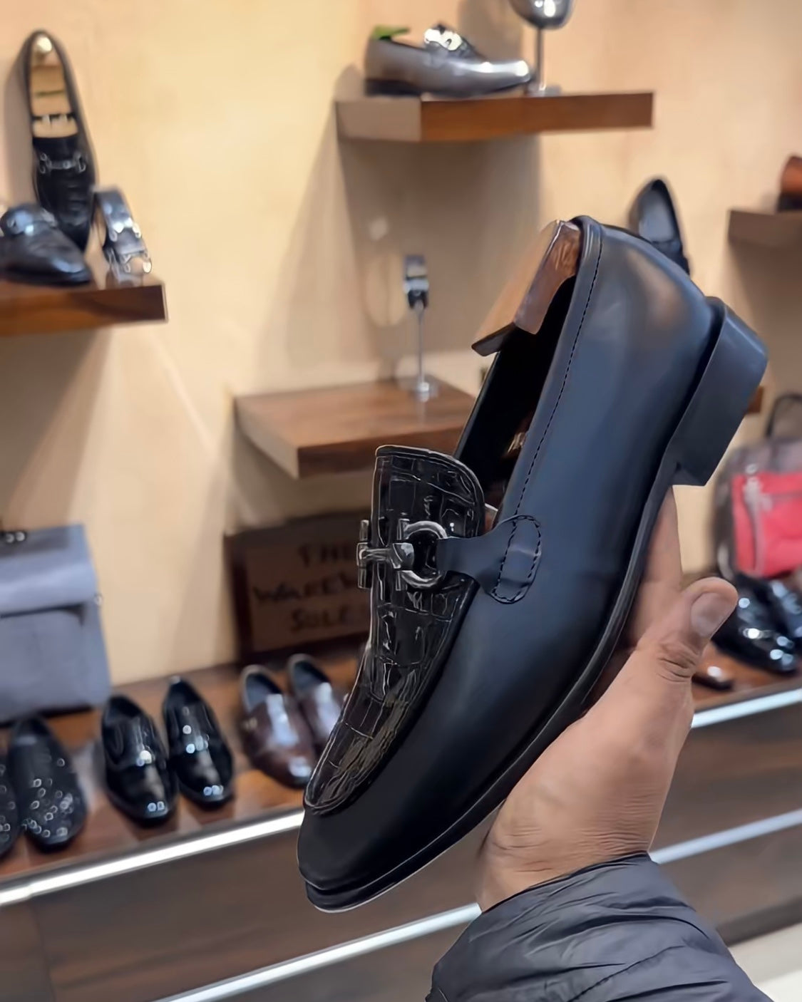 Matt Black Patent Croc Scaled Loafers with Silver Buckle
