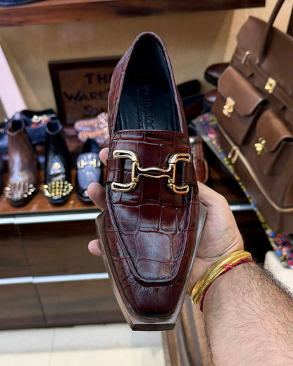 Burgundy Croco Horsebit Loafers with Italian Cut Leather Sole