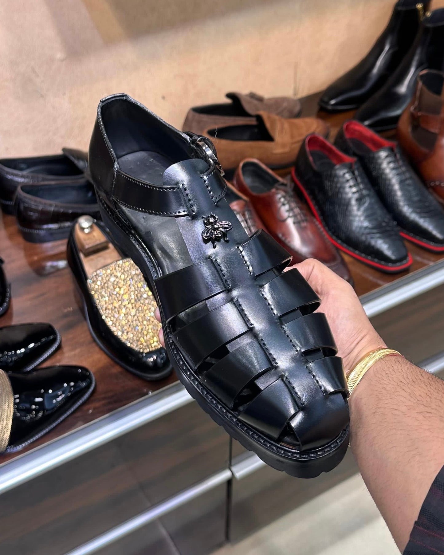 Black Italian Leather Boot Sole Sandals