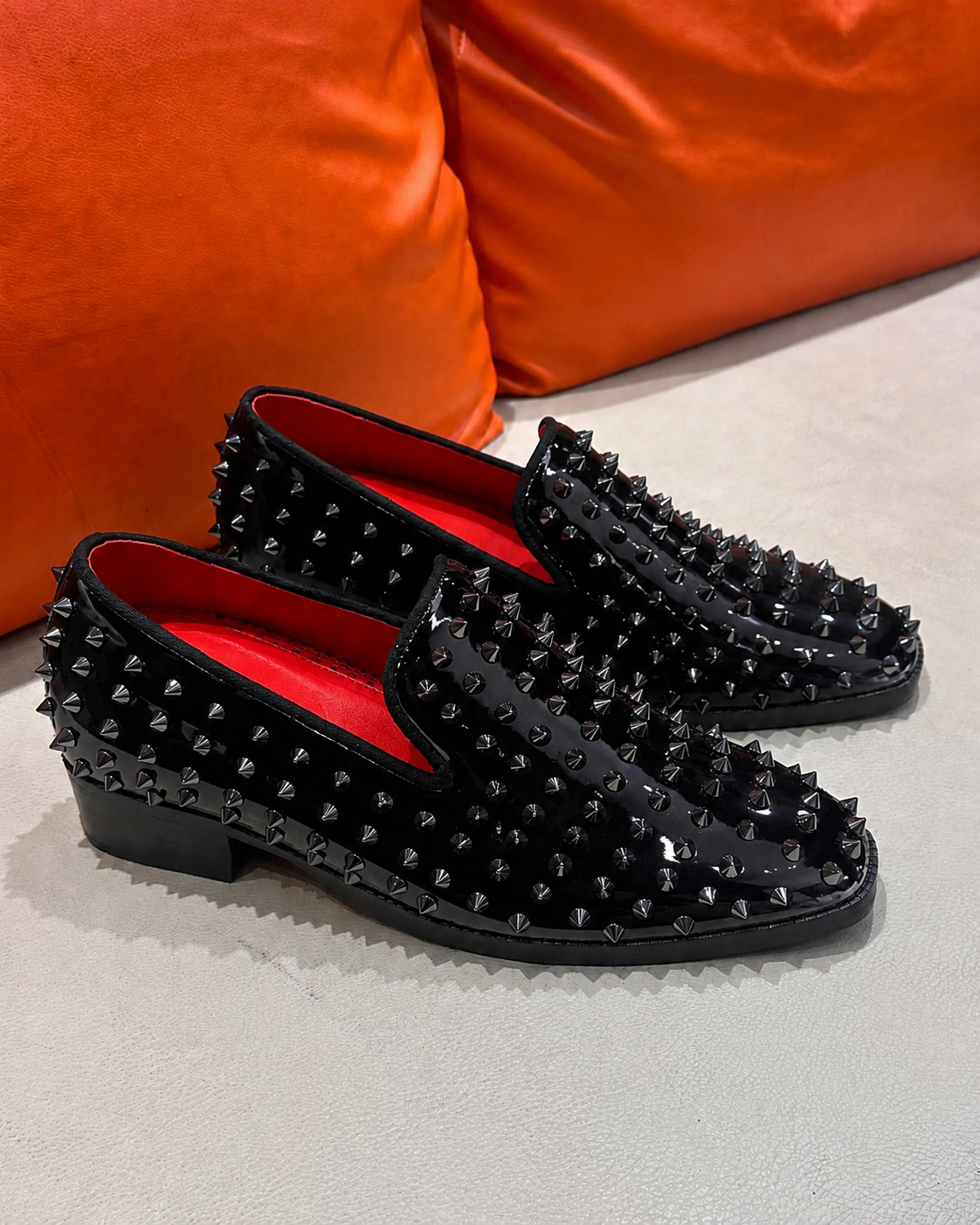 Black Patent Leather Studded Loafers with Red Lining & Red Bottoms