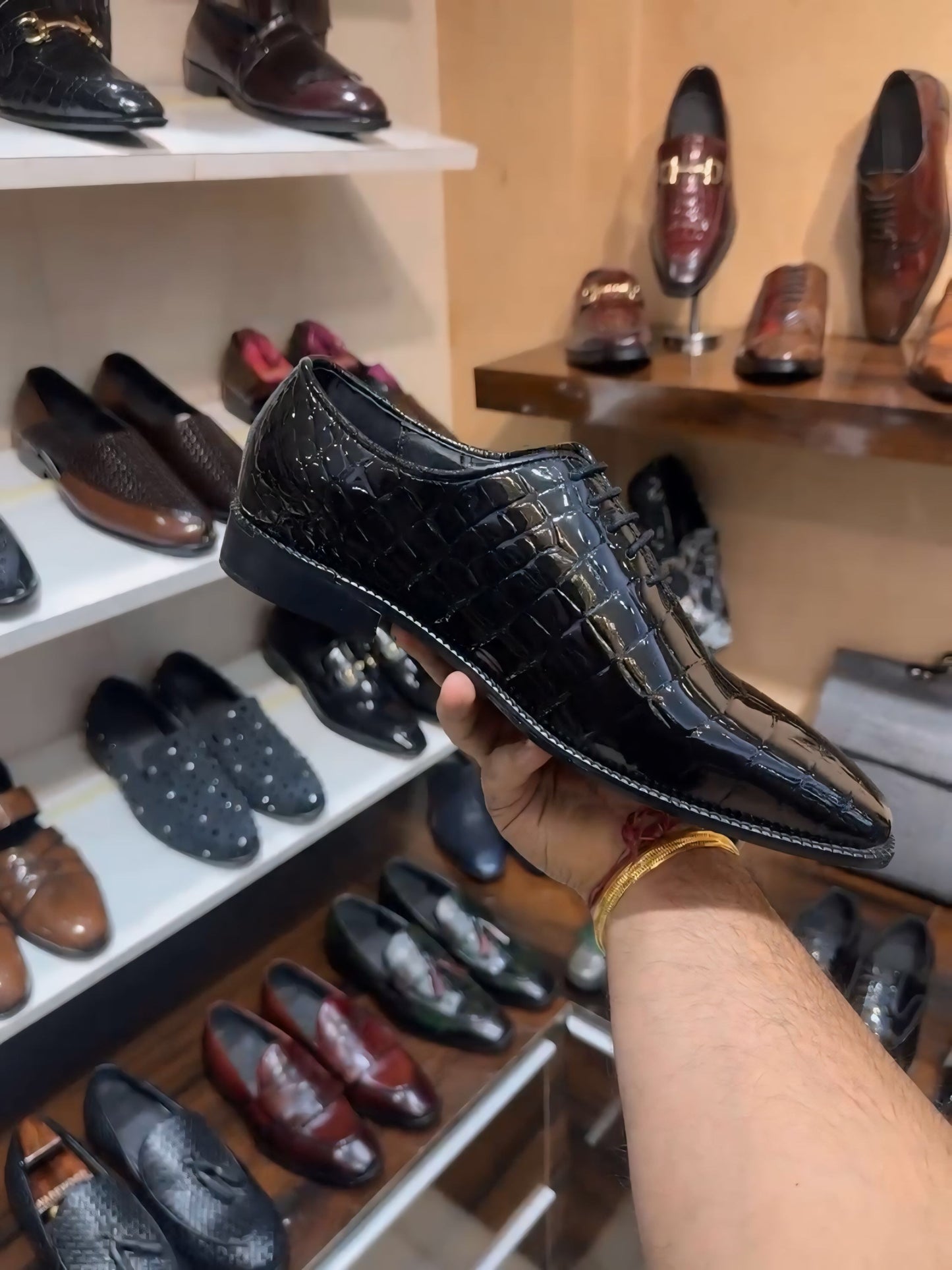 Patent Crocodile Leather Whole-cut Oxfords