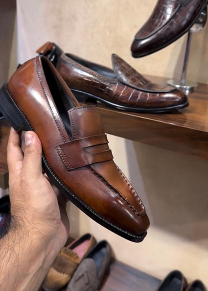 Tan Patina Italian Crust Penny Loafers