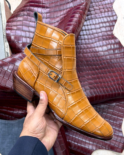 Tan Crocodile Scaled Jodhpur Boots with Cuban Heel