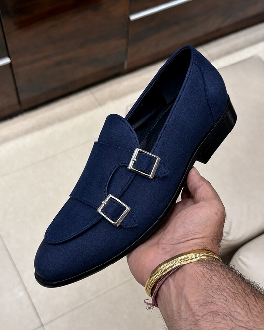 Navy Blue Suede Double Monk Strap Loafers