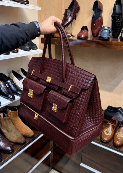 Burgundy Hand-Woven Leather Travel Bag with Bottom Shoe Compartment