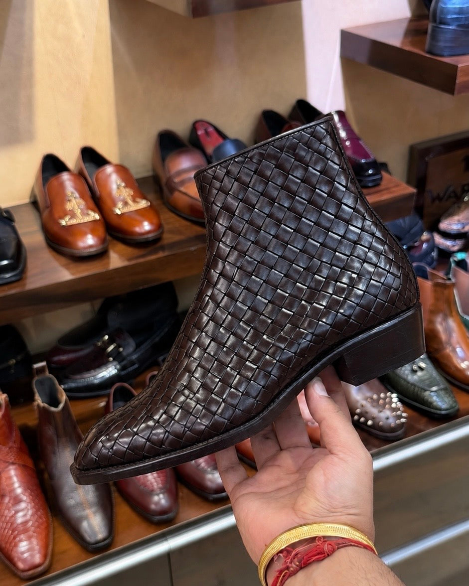 Dark Brown Hand-woven Leather Zip Boots With Cuban Heel