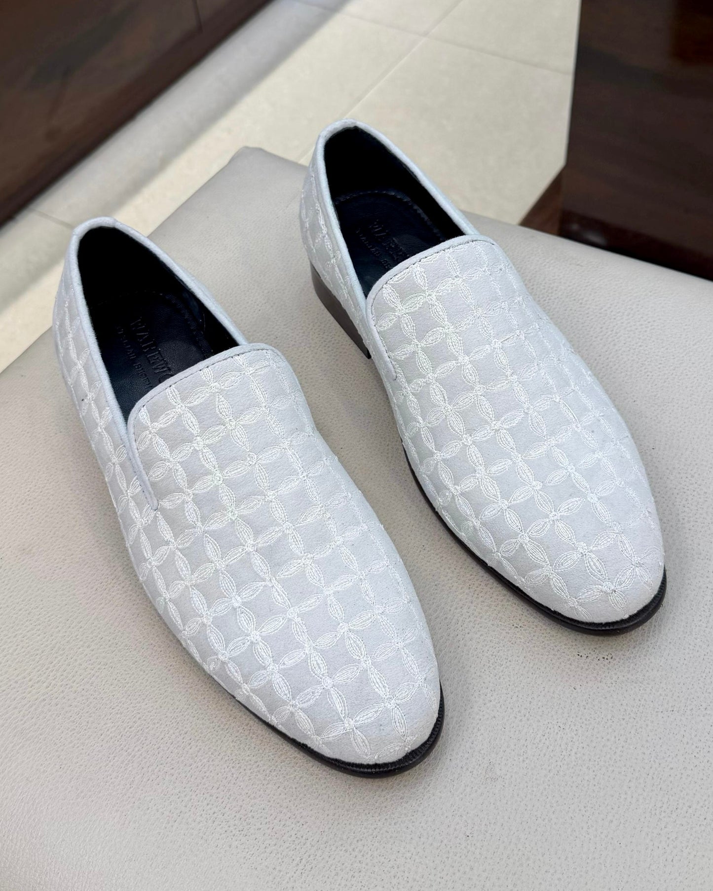 White Velvet Floral Embroidery Loafers