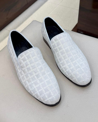 White Velvet Floral Embroidery Loafers
