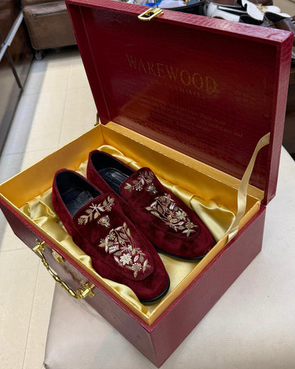 Burgundy Velvet Gold Hand-embroidered Loafers